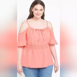 Lane Bryant Coral Cold-Shoulder Tie-Neck Blouse